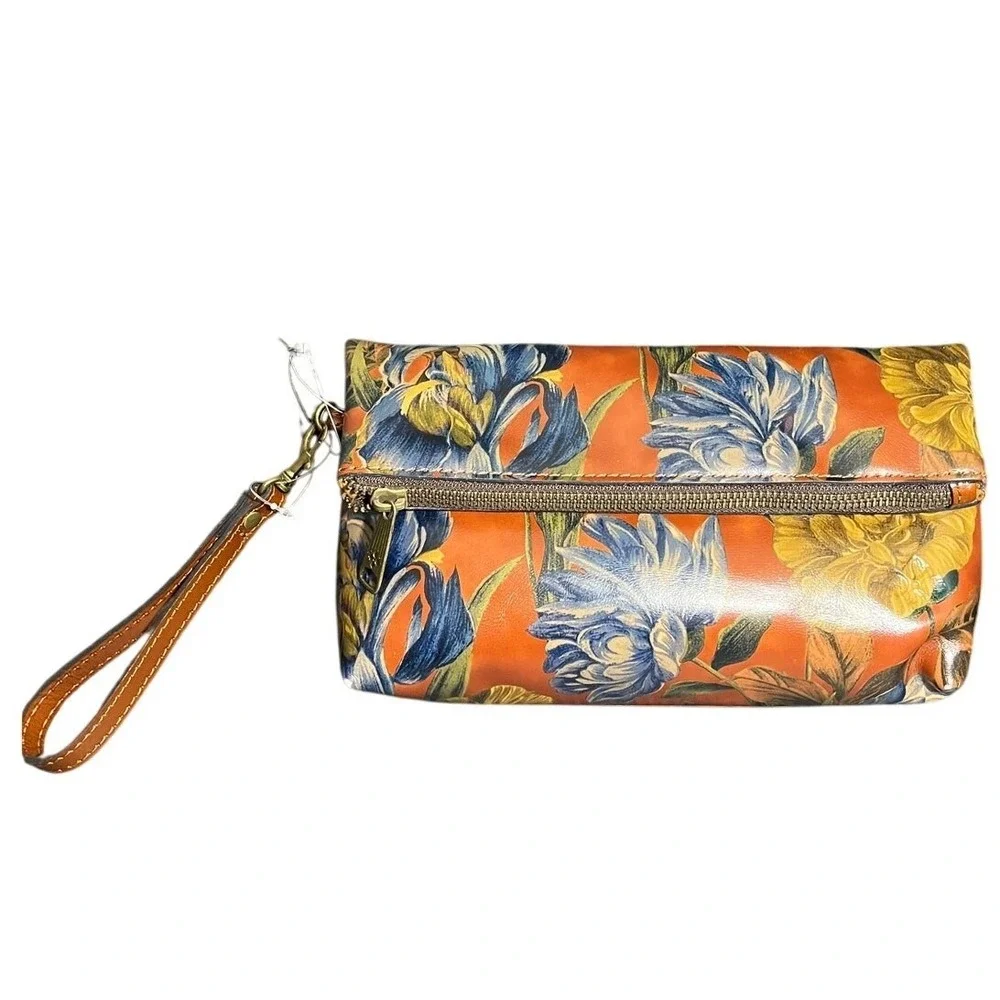 Patricia Nash Wristlet Women OS Orange Floral Leather Foldover Clutch Bag